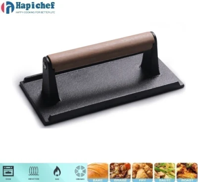 High Quality BBQ Cast Iron Rectangle Steak Meat Press Grill Press with Wooden Handle
